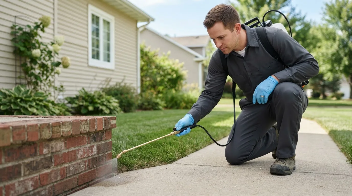Pest control technician treating a home near Panna Maria, TX