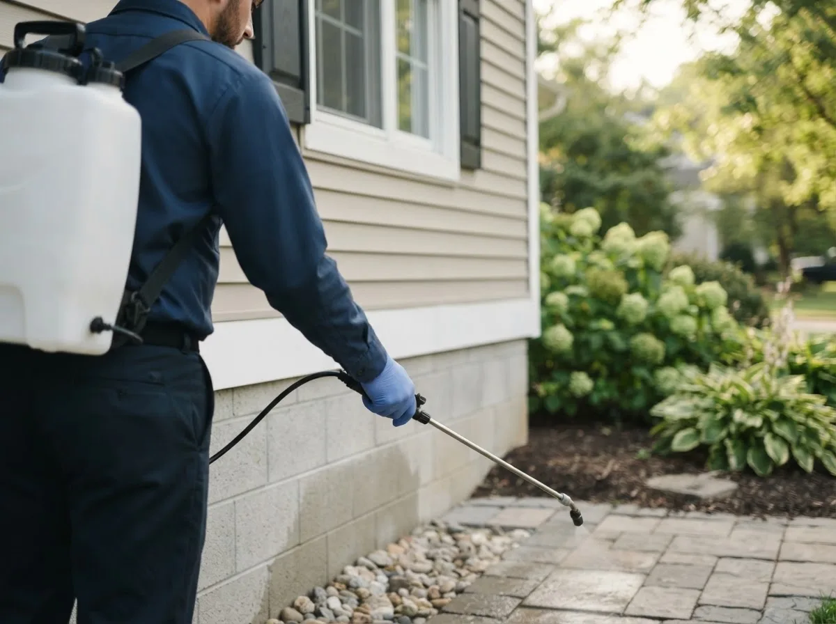 Pest control technician inspecting a home in Panna Maria, TX
